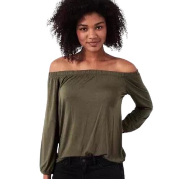 Hollister Off Shoulder Peasant Top in Olive Green Size Small - Picture 1 of 3